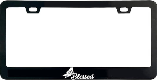 Butterfly Blessed License Plate Frame, 12 X 6 Inch Black Stainless Steel Car Accessories for Women/Men, with 2 Holes & Screws