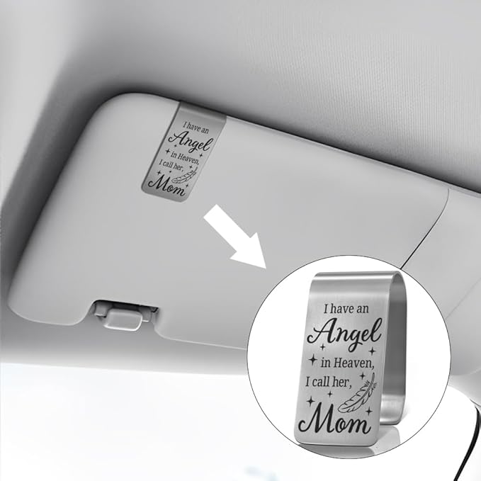 XQLZY I Have an Angel in Heaven I Call Her Mom Engraved Stainless Steel Car Visor Clip, in Loving Guardian Angel Safe Driving Gifts for Family Friend Driver, Sympathy Memorial Gifts for Who Lost Mom