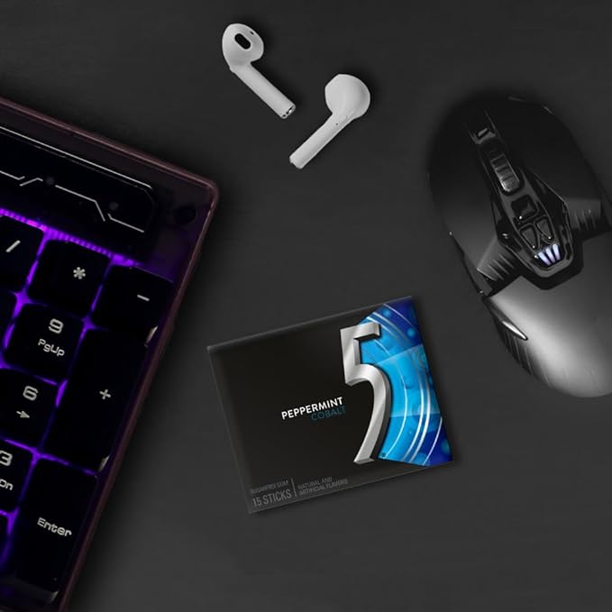 5 GUM Peppermint Cobalt Sugar Free Chewing Gum Bulk, Stimulate Your Senses While Listening to Your Favorite Music, Mini Purse Essentials, 15 Sticks (Pack of 10)