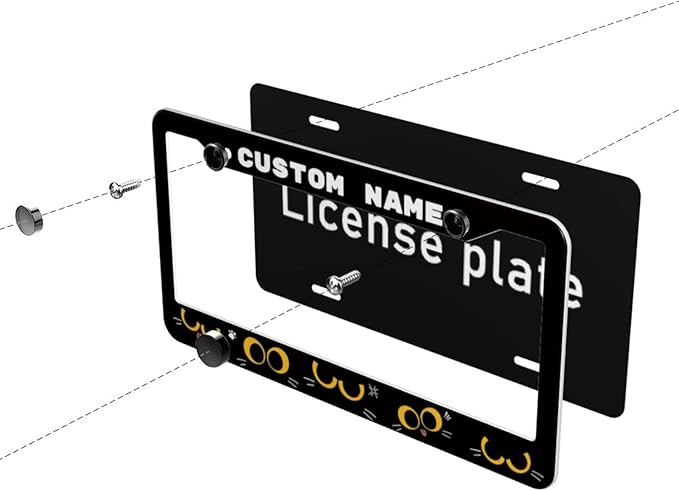 Custom License Plate Frame Cat - 2 Pack Personalized Add Text Black Custom License Plate Frame with Standard Us Canada Vehicles 12.3 X 6.3in