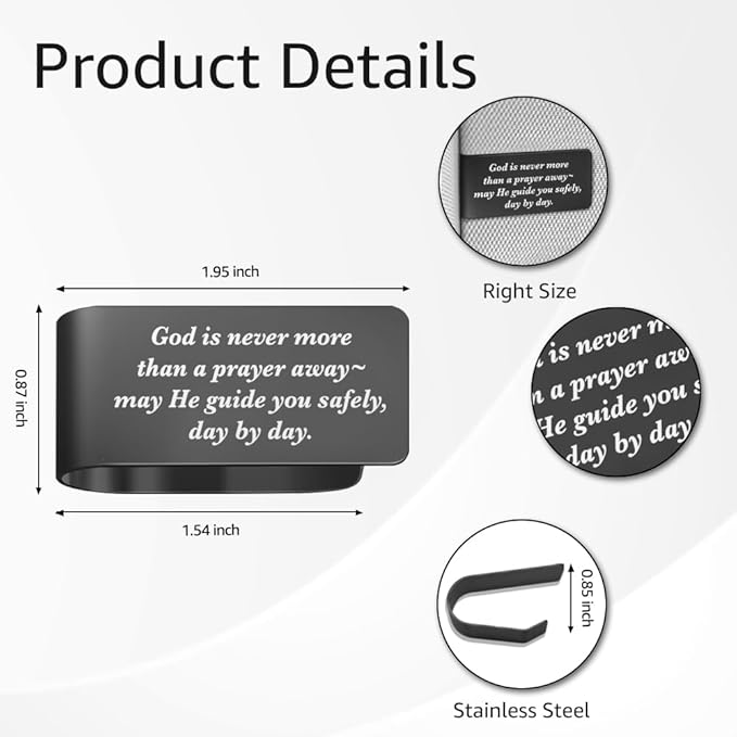 God is Never More Than A Prayer Away Black Engraved Stainless Steel Car Visor Clip, Religious Visor Clips for Cars, New Driver Gifts, Safety Prayer Thank You Gifts for Dad Mom Family Friend