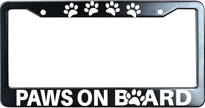 Paws On Board Matte Black License Plate Frame Cover for Men/Women, Heavy Duty Stainless Steel Auto Car Tag Frame with 2 Holes & Free Screws,Unique Cat and Dog Lover Gift