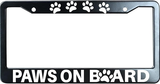 Paws On Board Matte Black License Plate Frame Cover for Men/Women, Heavy Duty Stainless Steel Auto Car Tag Frame with 2 Holes & Free Screws,Unique Cat and Dog Lover Gift