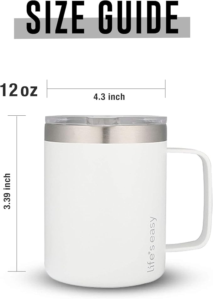 Life's Easy 12 oz Stainless Steel Mug w/Handle - Double Wall Insulated Travel Tumbler w/Flip Lid - Leak Proof Tumbler-Thermal Cup for Coffee, Tea & More - Keep Hot & Cold Drinks (Winter White, 12 oz)