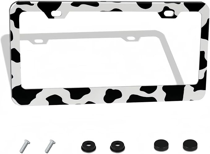 Cow Print License Plate Frame - 1 Pack Personalized Animal White Black Spot License Plate Holder Aluminum Metal Car Tag Cover with 2 Holes Decoration for US Vehicle Standard for Women Men