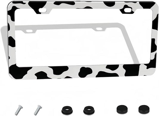 Cow Print License Plate Frame - 1 Pack Personalized Animal White Black Spot License Plate Holder Aluminum Metal Car Tag Cover with 2 Holes Decoration for US Vehicle Standard for Women Men