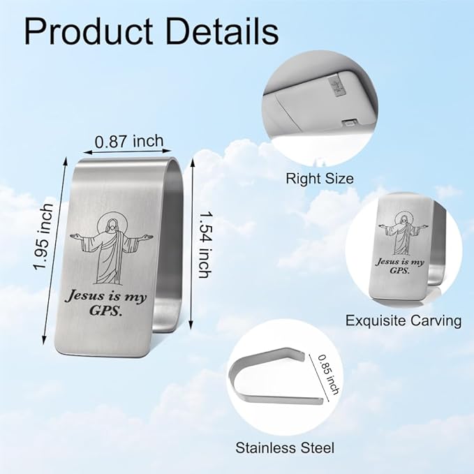 XQLZY Jesus is My GPS Engraved Stainless Steel Car Visors Clip, Angel Car Visor Clips, Funny Guardian Angel Visors Clip Gifts for Women Men Family Friend Driver, God Prayer Gifts