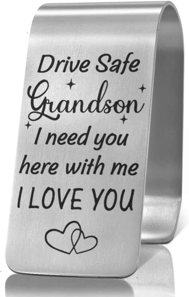 XQLZY Drive Safe Grandson I Need You Here with Me Engraved Stainless Steel Car Visor Clip, Inspirational Safe Driving Reminder Clip Gifts for Grandson, Travel Visor Car Accessories, New Driver Gifts
