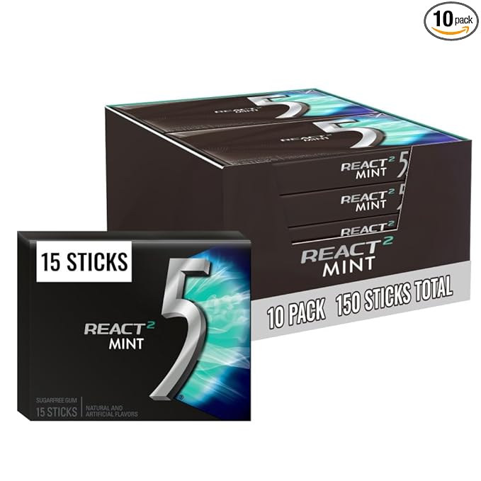 5 GUM React Mint Sugar Free Chewing Gum Bulk, 15 Stick (10 Pack)