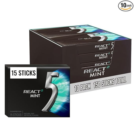 5 GUM React Mint Sugar Free Chewing Gum Bulk, 15 Stick (10 Pack)