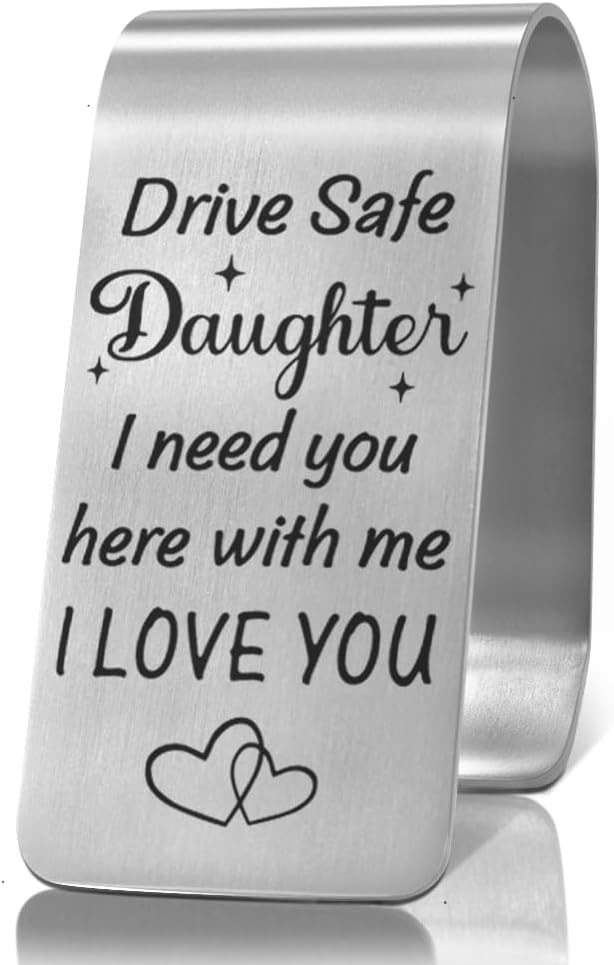 XQLZY Drive Safe Daughter I Need You Here with Me Engraved Stainless Steel Car Visor Clip, Funny Safe Driving Reminder Clip Gifts for Daughter, Travel Visor Car Accessory for Stepdaughter Sweet Gifts