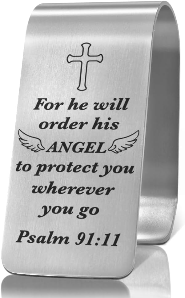 XQLZY for He Will Order His Angels to Protect You Engraved Stainless Steel Car Visor Clip, Wherever You Go Psalm 91:11, Inspirational Guardian Angel Safe Driving Gifts for Family Friend Driver