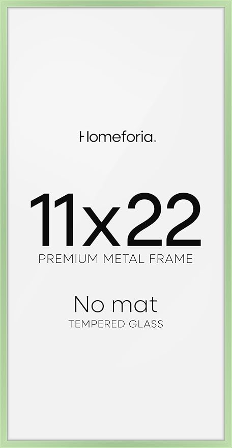 Homeforia 11x22 Newspaper Frame Sage Green, High End Metal 11 x 22 Picture Frame without Mat, 22x11 Thin Sage Green Poster Frames for Wall, 11by22 Photo Art Frame, Tempered Glass, Wall Kit, Set of 1