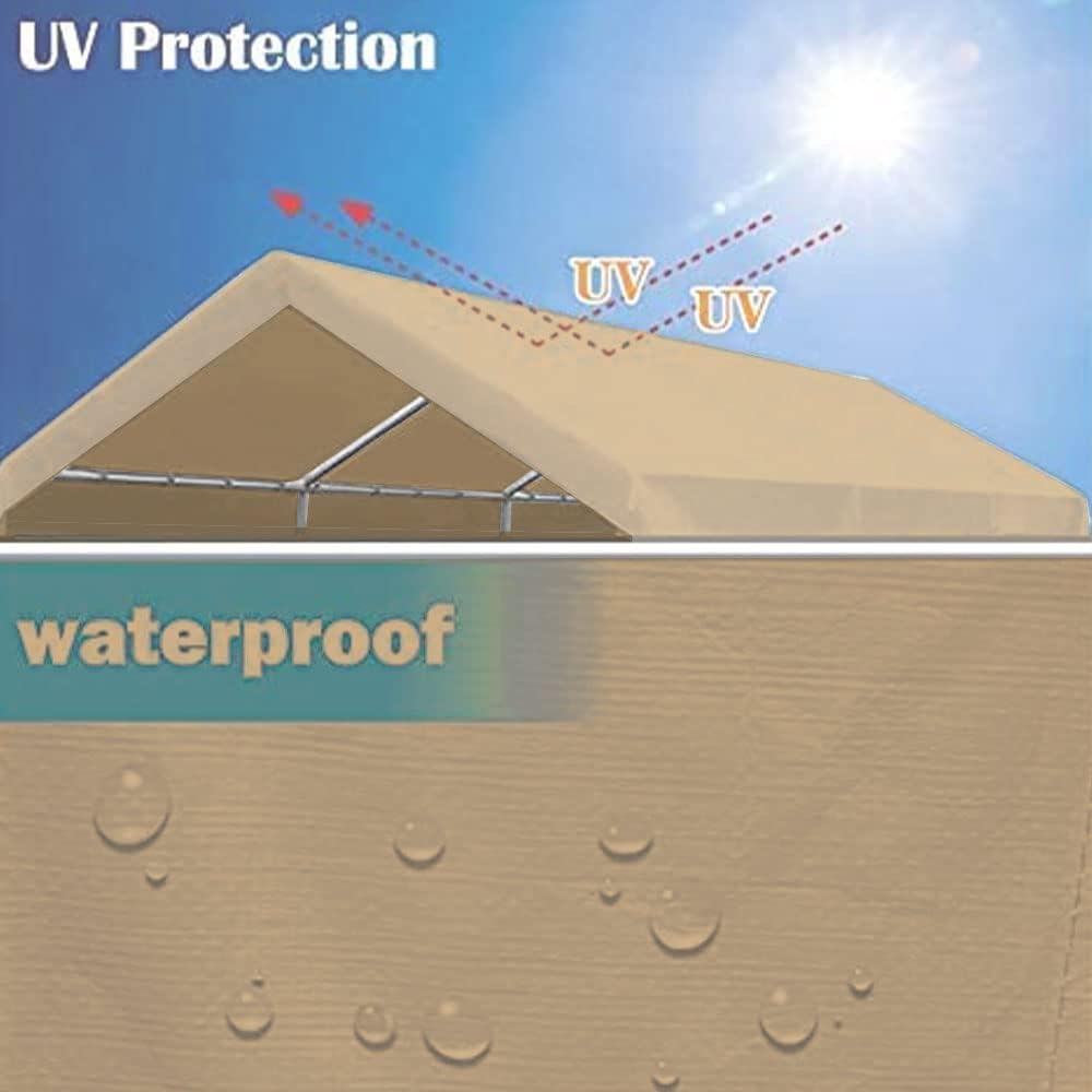 12'x20' Upgraded Carport Replacement Top Canopy Cover for Car Garage Shelter Tent Party Tent with Ball Bungees Beige (Only Top Cover, Frame is not Included)