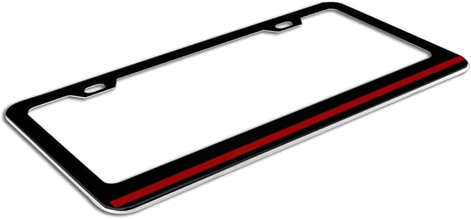 Thin Red Line License Plate Frame - 1 Pack Personalized Firefighters License Plate Holder Aluminum Metal Black Red Line Car Tag Cover with 2 Holes Decoration for US Vehicles Standard Women Men