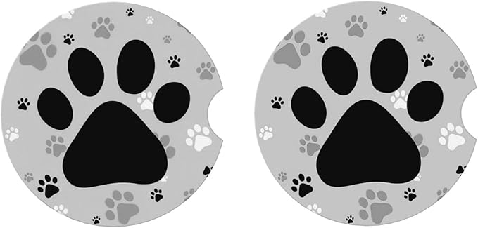 ABLESKY Car Coasters for Cup Holders, 2 Pack Absorbent Anti Slip Car Cup Holder Coasters, 2.56 Inch Ceramic Universal Size Auto Interior Accessories Women Men-Gray Dog Paw