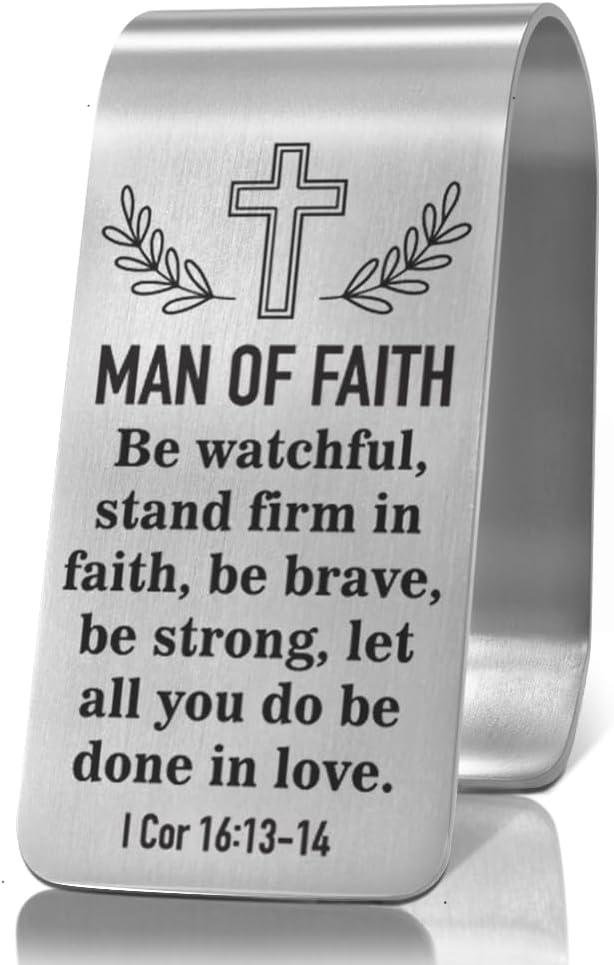 XQLZY Man of Faith Be Watchful Stand Firm in Faith Engraved Stainless Steel Car Visor Clip, Religious Travel Visor Car Accessories, Safe Drive Gifts for Family Friend, God Prayer Faith Gifts