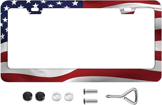 American Flag Waving in The Wind Patriotic License Plate Frames Rust-Proof Stainless Steel Screws Included Personalized Cover Women Men Decorate Car with 12.3x6.3 Inch License Plate Holder -DATANSEN
