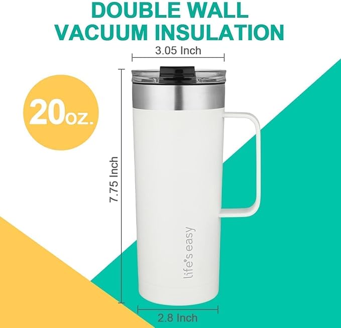 Life's Easy 20oz Stainless Steel Mug w/Handle - Double Wall Insulated Travel Tumbler w/Flip Lid - Leak Proof Tumbler-Thermal Cup for Coffee, Tea & More - Keep Hot & Cold Drinks (White, 20 oz)