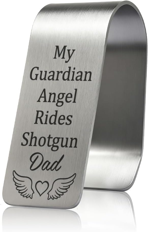 My Guardian Angel Dad Engraved Stainless Steel Car Visor Clip, Safe Driving Gifts for Son Daughter Stepson Stepdaughter, Travel Visor Car Accessories for Sweet 16 Birthday Gifts for New Driver