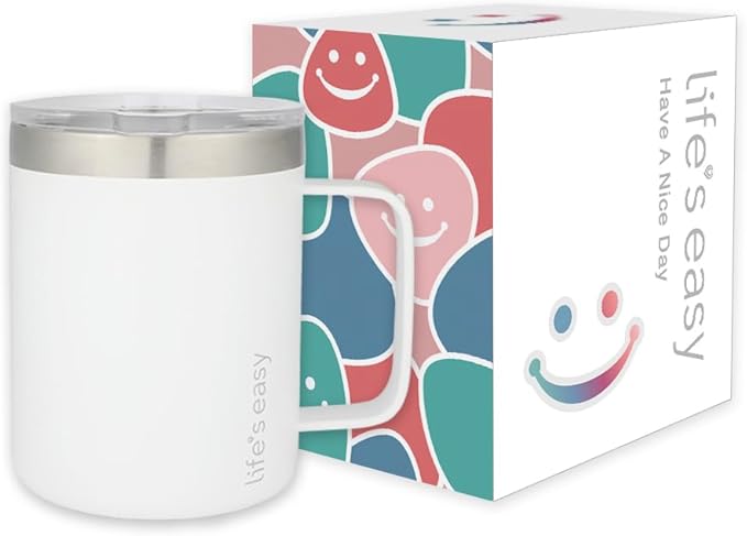 Life's Easy 12 oz Stainless Steel Mug w/Handle - Double Wall Insulated Travel Tumbler w/Flip Lid - Leak Proof Tumbler-Thermal Cup for Coffee, Tea & More - Keep Hot & Cold Drinks (Winter White, 12 oz)