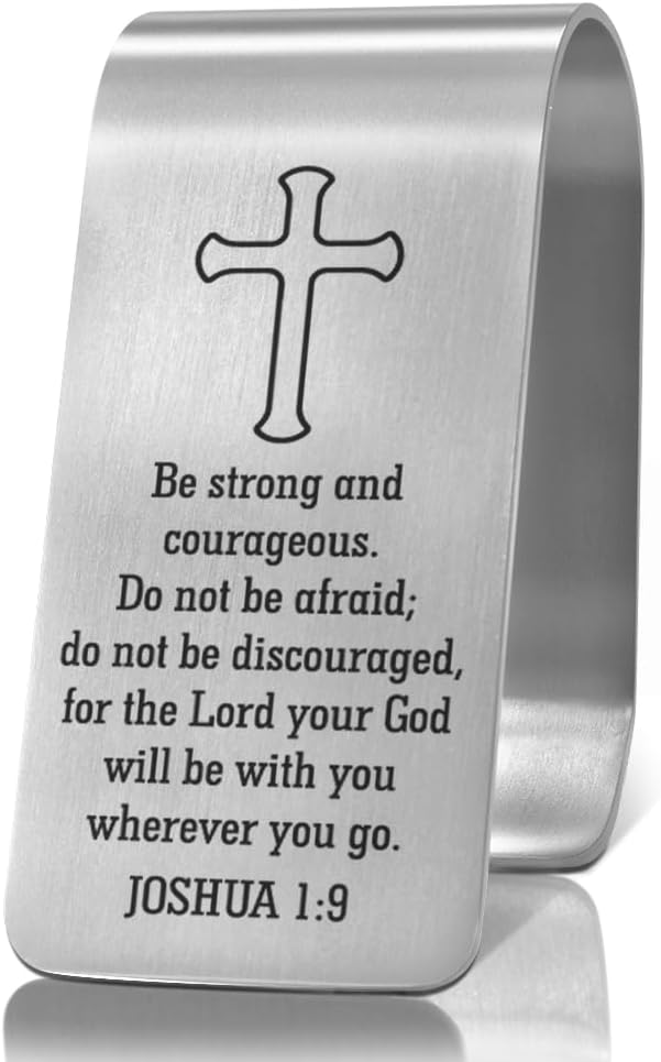 XQLZY Be Strong and Courageous Do Not Be Afraid Engraved Stainless Steel Car Visor Clip, Travels Visor Car Accessories, Inspirational Safes Driving Reminder Clip Gifts for Family Friend Driver