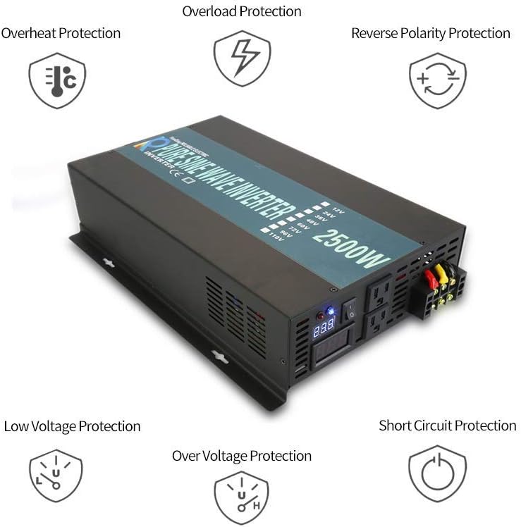 WZRELB Strong Driving Capacity 2500W 24VDC to 120VAC Pure Sine Wave Inverter Power Converter (RBP250024B1), Black