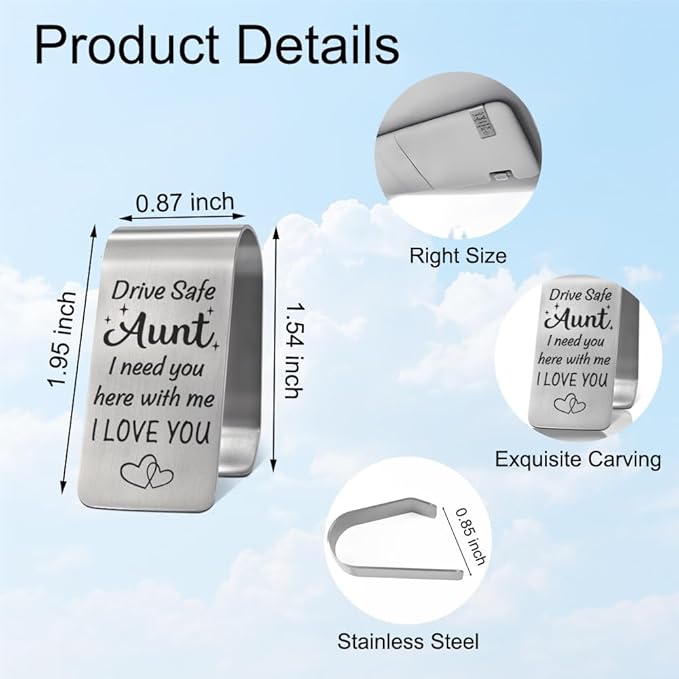 XQLZY Drive Safe Aunt I Need You Here with Me Engraved Stainless Steel Car Visor Clip, Funny Safe Driving Reminder Clip Gifts for Aunt, Travel Visor Car Accessory for Auntie, Drive Safe Gifts