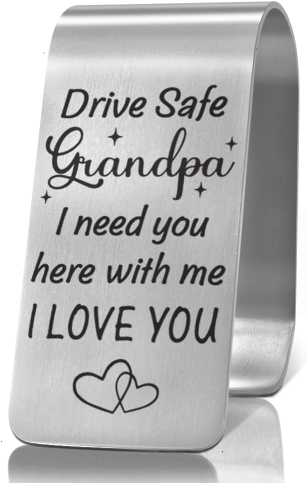 XQLZY Drive Safe Grandpa I Need You Here with Me Engraved Stainless Steel Car Visor Clip, Inspirational Safe Driving Reminder Clip Gifts for Grandpa, Travel Visor Car Accessories for Grandfather?