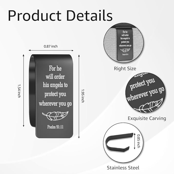 for He Will Order His Angels to Protect You Black Engraved Stainless Steel Car Visor Clip, Psalm 91:11, Guardian Angel Visor Clips for Cars, Safe Driving Gifts for Family Friend