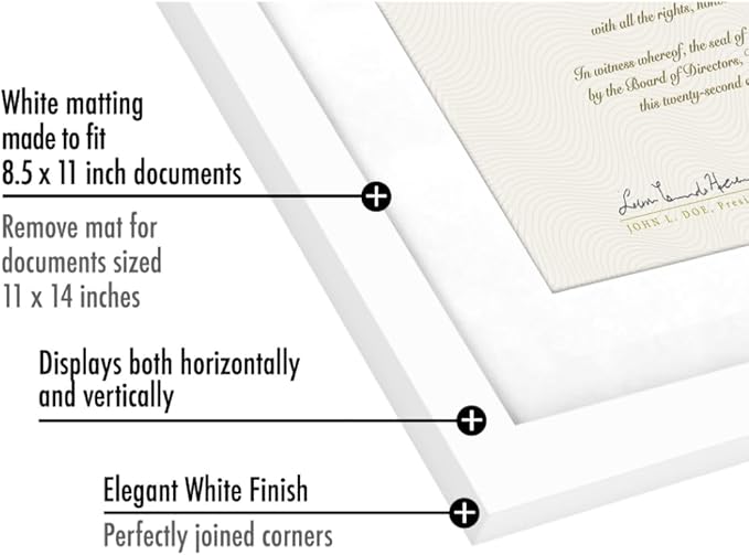 Americanflat 11x14 Diploma Frame with Shatter-Resistant Glass - Set of 2 - Use as 8.5x11 Frame with Mat or Display 11x14 Documents Without Mat - Legacy Collection - Certificate Frames for Wall - White