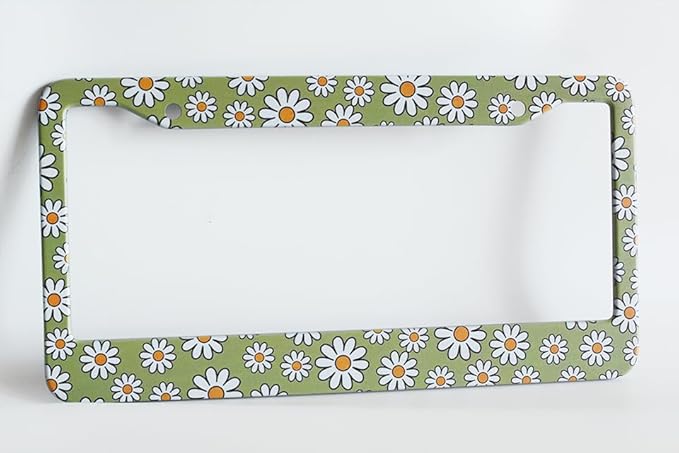 2pcs Retro Daisy Flowers Floral License Plate Frame for Women,Lime Green Vintage Plant car Decorative tag Frames Girly,Cute Green Floral License Plate Cover Holder for Vehicle with car Keychain tag
