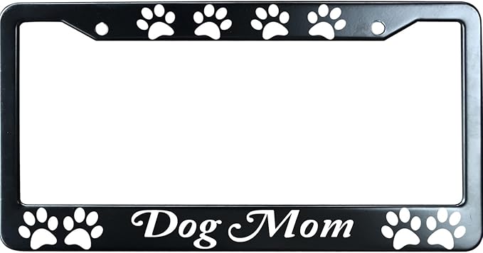 Dog Mom with Paw Prints Matte Black License Plate Frame Cover for Men/Women, Heavy Duty Stainless Steel Auto Car Tag Frame with 2 Holes & Free Screws,Unique Cat and Dog Lover Gift