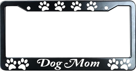 Dog Mom with Paw Prints Matte Black License Plate Frame Cover for Men/Women, Heavy Duty Stainless Steel Auto Car Tag Frame with 2 Holes & Free Screws,Unique Cat and Dog Lover Gift