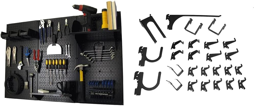 Wall Control Metal Pegboard Organizer 4ft Standard Storage Kit with Tool Board & B Slotted Storage Panel Deluxe Black Hooks