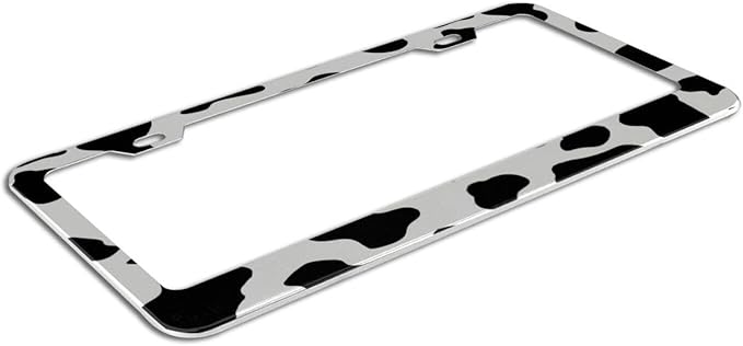 Cow Print License Plate Frame - 1 Pack Personalized Animal White Black Spot License Plate Holder Aluminum Metal Car Tag Cover with 2 Holes Decoration for US Vehicle Standard for Women Men