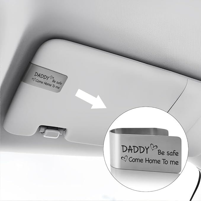 XQLZY Daddy Be Safe Come Home to Me Engraved Stainless Steel Car Visor Clip, Travels Visor Car Accessories, Funny Drive Safes Gifts for Couple Husband Dad Son Friend Driver, New Driver Gifts