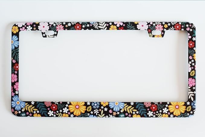 2pcs Hippie Flowers Floral License Plate Frame for Women,Yellow Black Plant Theme Floral car Decorative tag Frames Girly,Nature Flowers Floral License Plate Cover Holder for Vehicle with tag Keychain