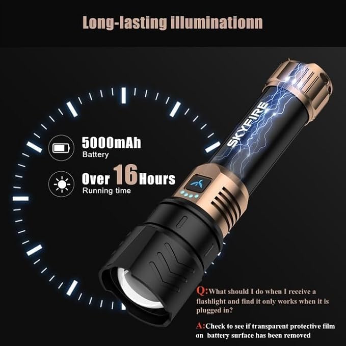 SKYFIRE 1097 Rechargeable Flashlights High Lumens,5000mAh Super Bright Flashlight Waterproof Powerful LED Tactical Flash Light for Camping Essentials Outdoor Home&Gifts