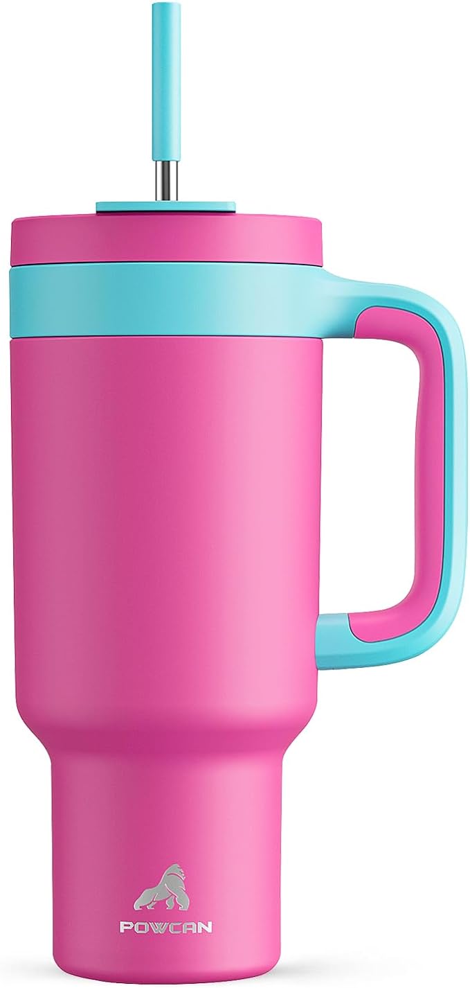 POWCAN 40 oz Tumbler with Handle, 2-in-1 Straw and Sip Lid, Leakproof, Dishwasher Safe, Insulated Stainless Steel Travel Coffee Mug, Keeps Cold for 34 Hours, Fits in Car Cup Holder (Barbie)