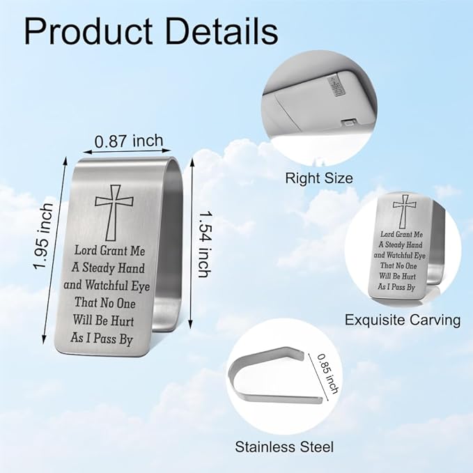 XQLZY Lord Grant Me A Steady Hand and Watchful Eye Engraved Stainless Steel Car Visor Clip, Travels Visors Car Accessories, Funny Angel Visor Clip Gifts for Family Friend Driver, God Prayer Gifts