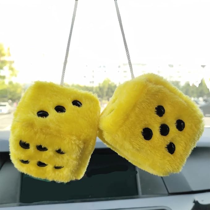 Fuzzy Plush Dice for Car Mirror, Pair of Retro 3??Red Dice with Black Dots for Car Interior Hanging Ornament Decoration