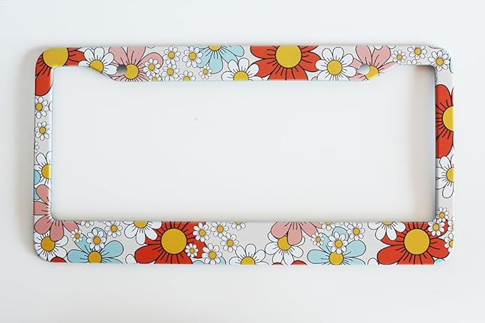 2pcs Colorful Dasiy Floral License Plate Frame for Women,Orange Floral car Decorative tag Frames Girly,Vintage Dasiy Flowers Plant Theme License Plate Cover Holder for Vehicle with car tag Keychain