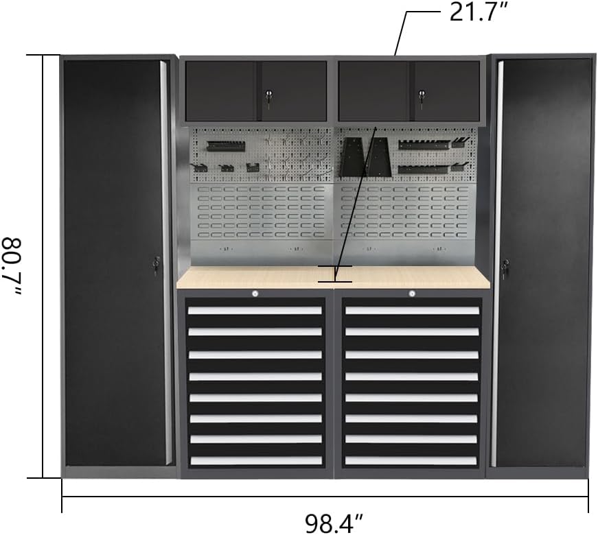 Steel Garage Storage Cabinet System, Tool Cabinets with Drawers, for Workshop Auto Repair Shop, Wall Mounting Not Necessary