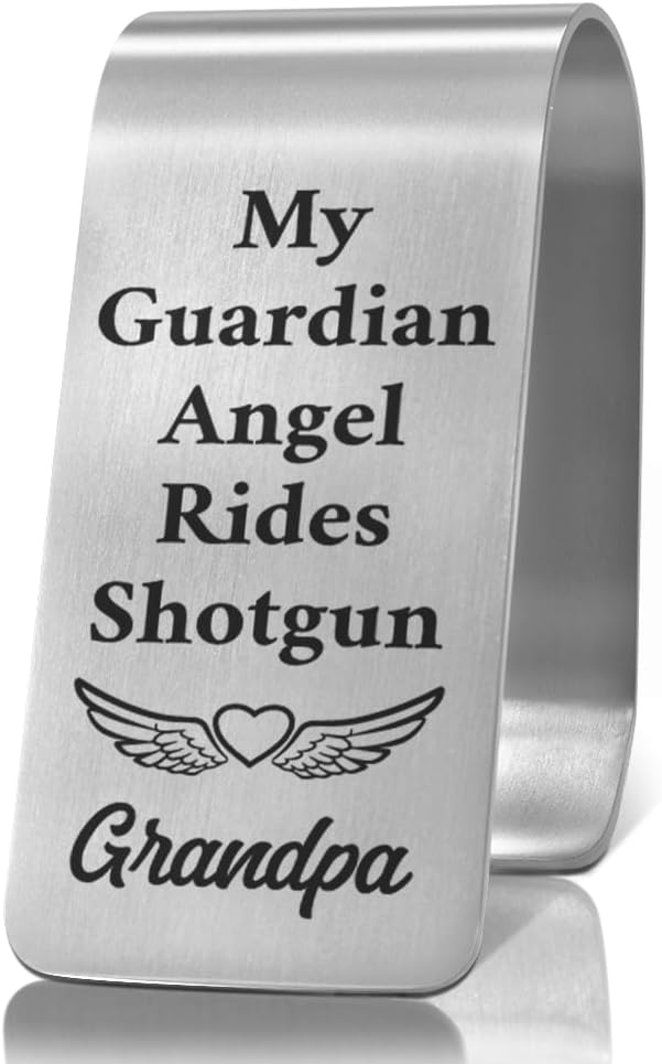 XQLZY My Guardian Angel Rides Shotgun Grandpa Engraved Stainless Steel Car Visor Clip, Travels Visors Car Accessories, Funny Angel Car Visors Clip Gifts for Grandpa Dad Brother Men, God Prayer Gifts