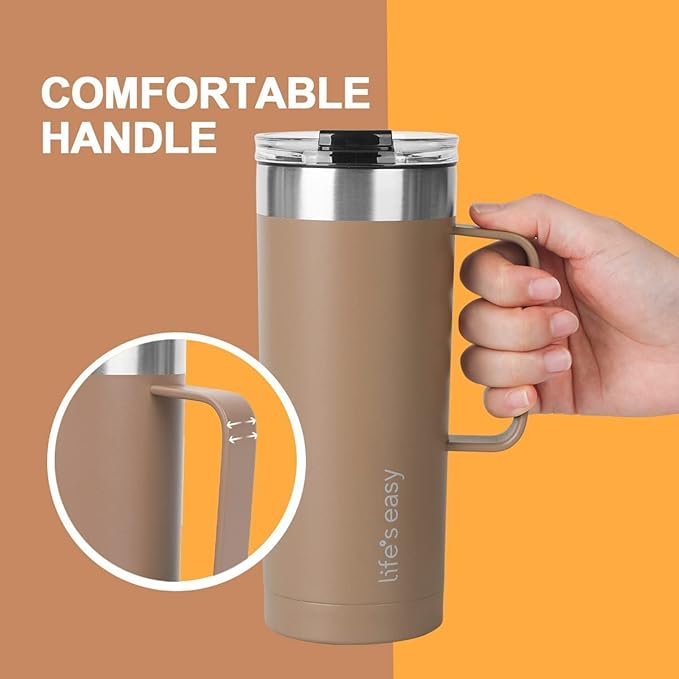 Life's Easy 20oz Stainless Steel Mug w/Handle - Double Wall Insulated Travel Tumbler w/Flip Lid - Leak Proof Tumbler-Thermal Cup for Coffee, Tea & More - Keep Hot & Cold Drinks (Brown, 20 oz)