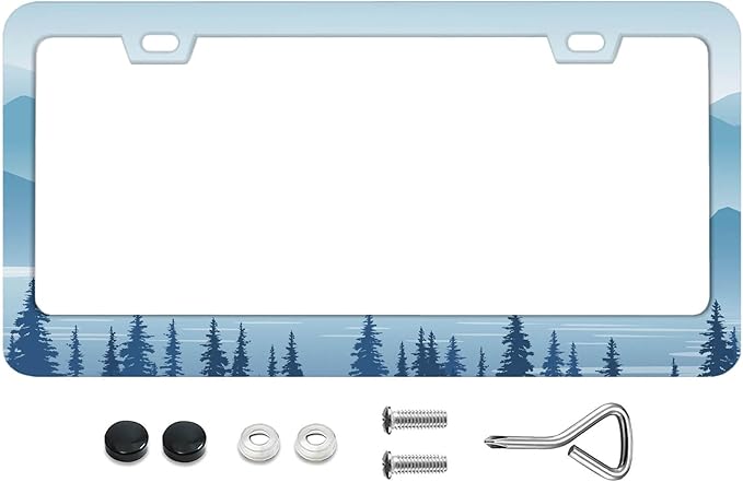 Silhouette of Forest and Mountains License Plate Frames -Premium Stainless Steel, Rust-Proof, Stylish Car Decor -Screws, and Caps -12.3x6.3 Inch, Perfect License Plate Holder for Women Men -DATANSEN