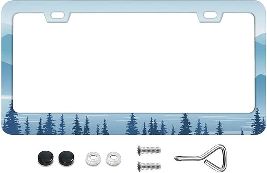Silhouette of Forest and Mountains License Plate Frames -Premium Stainless Steel, Rust-Proof, Stylish Car Decor -Screws, and Caps -12.3x6.3 Inch, Perfect License Plate Holder for Women Men -DATANSEN