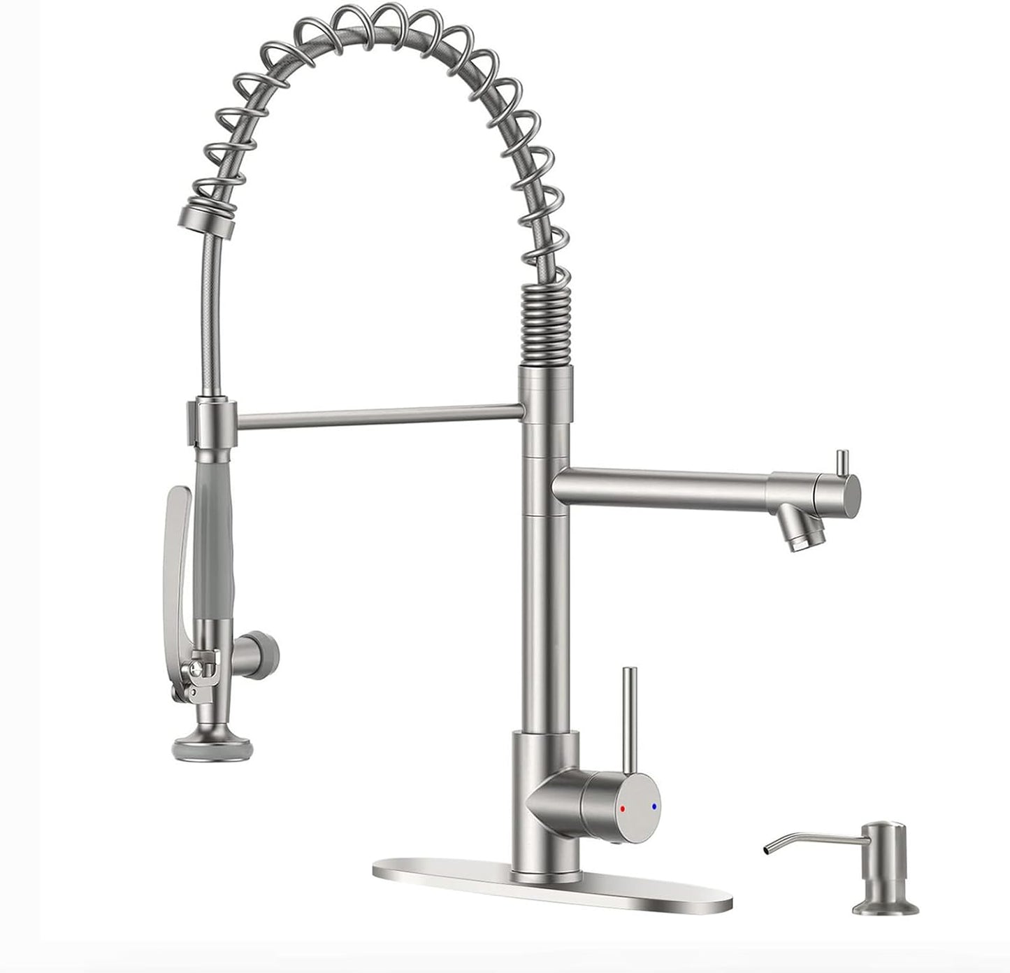 Fapully Commercial Pull Down Kitchen Sink Faucet with Sprayer Brushed Nickel Single Handle Faucets for Kitchen Sink, Kitchen Faucet with Soap Dispenser and Deck Plack for 4 Hole