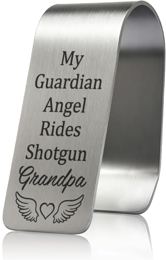 My Guardian Angel Grandpa Engraved Stainless Steel Car Visor Clip, Funny Safe Driving Gifts for Grandson Granddaughter, Travel Visor Car Accessories for Sweet 16 Birthday Gifts for New Driver